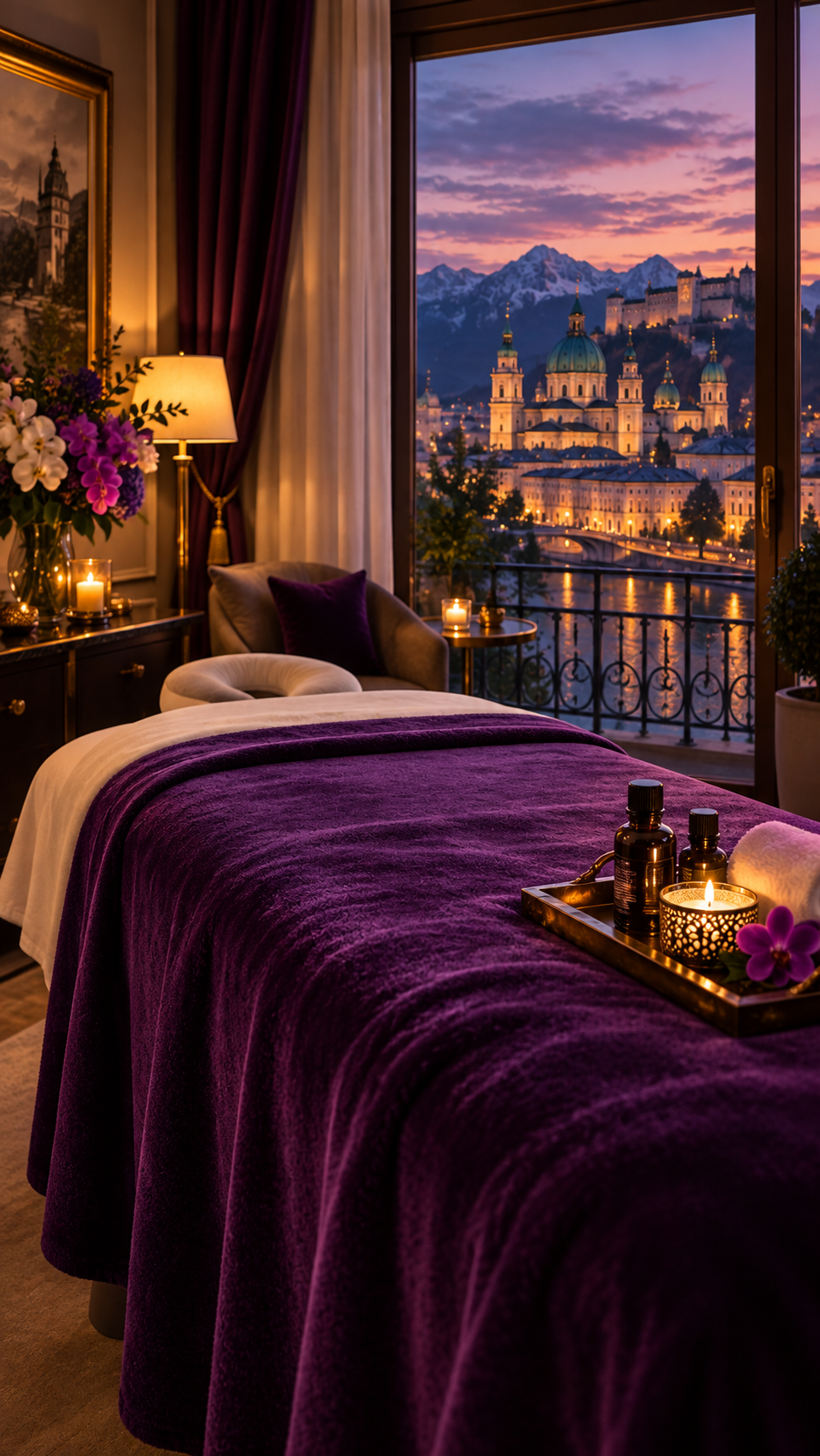 Luxury massage setting overlooking a European city at dusk